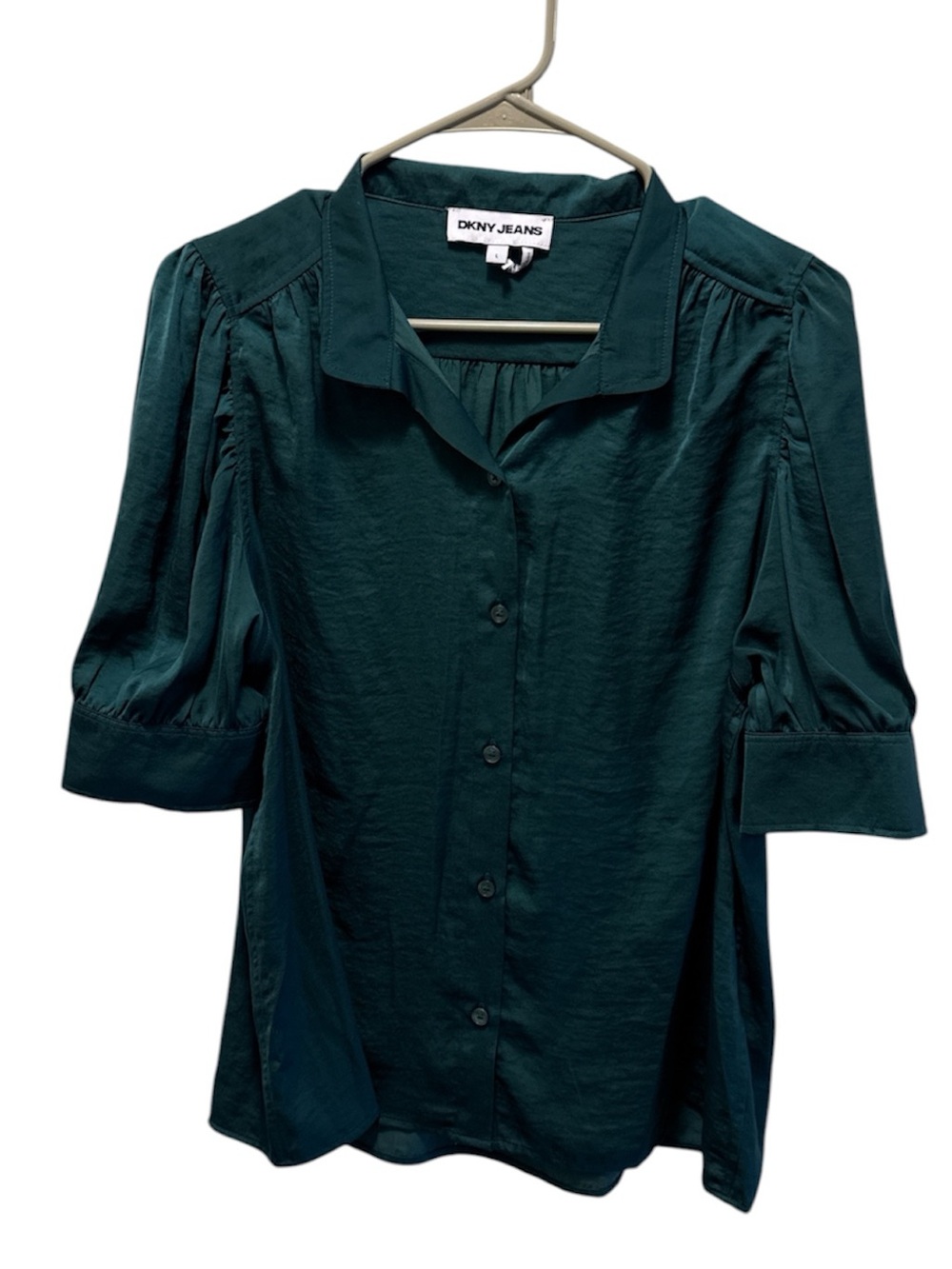 DKNY Dark Teal Button-Down Blouse with Puff Sleeves
